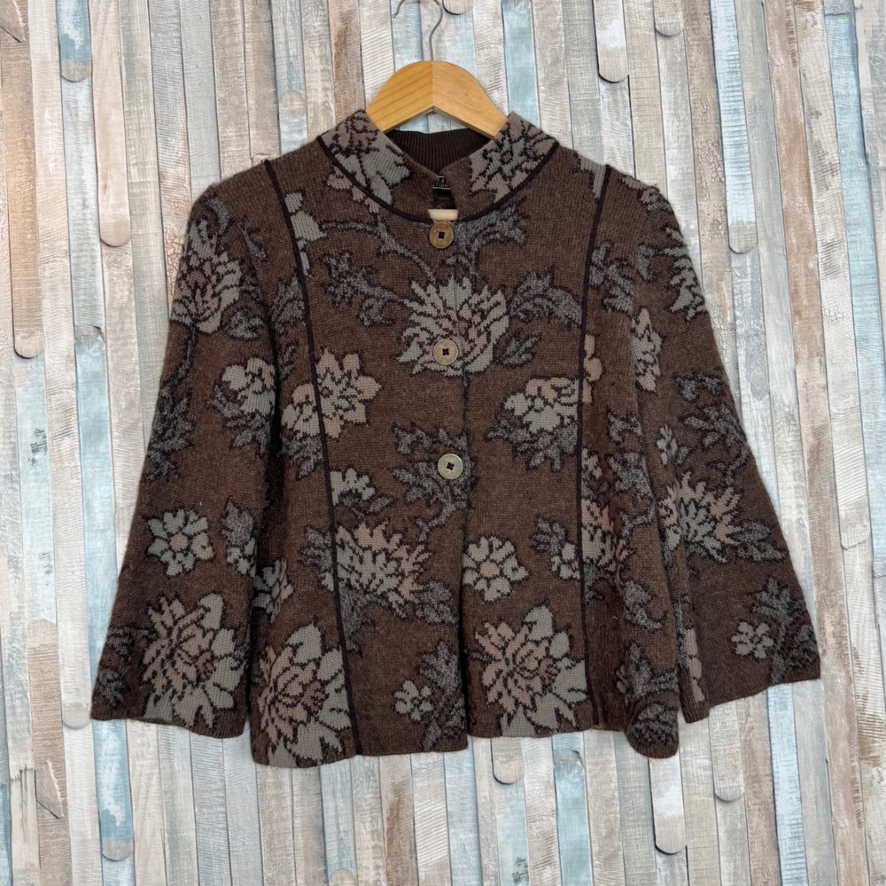 Peruvian Connection Brown 100% Alpaca Floral Knit Cardigan Sweater Mock Neck M